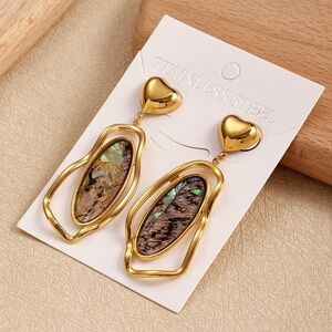 Gold Heart Drop Earrings with Abalone Shell